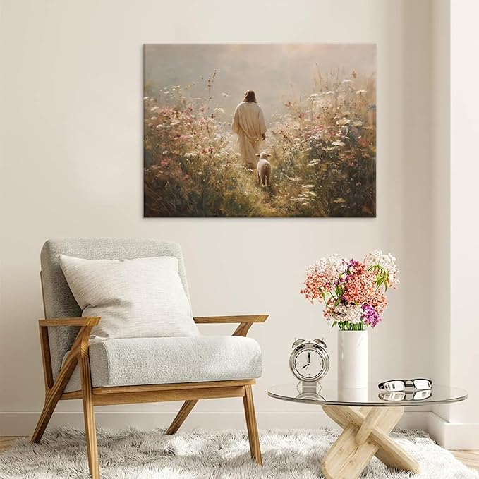 Jesus Leaves the 99 Sheep Wall Art The Lost Sheep Bible Stories Painting picture Wall Decor religion Christian Wildflowers Poster Print Artwork for Church LDS bedroom Living Home Decor 12x16 in Canvas