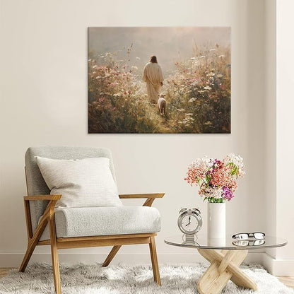Jesus Leaves the 99 Sheep Wall Art The Lost Sheep Bible Stories Painting picture Wall Decor religion Christian Wildflowers Poster Print Artwork for Church LDS bedroom Living Home Decor 12x16 in Canvas