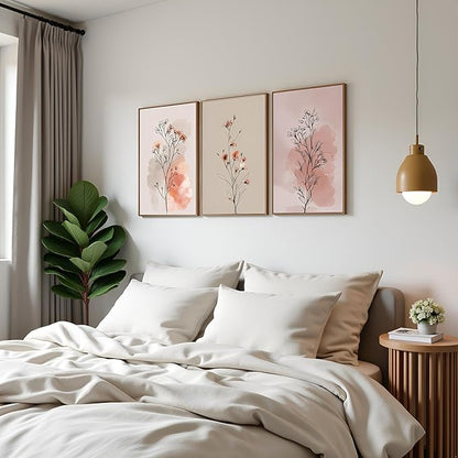okudolit Boho Vintage Flower Wall Art Set of 3 Minimalist Floral Botanical Prints Rustic Wildflower Wall Decor Beige and Pink Neutral Plant Painting for Living Room Bedroom Office-16x24in