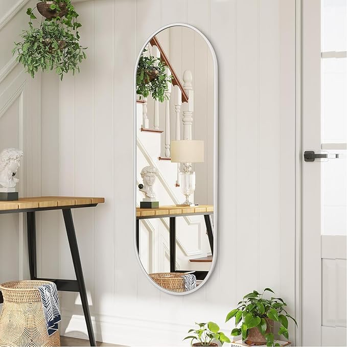 Oval Bathroom Mirror 48 x 16 Inch, Large White Full Length Mirror, Oval Pill Shaped Vanity Mirror Metal Framed Aluminum Frame Decor Vanity Living Room Entryway