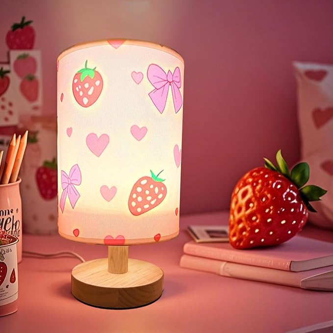 Strawberry Lamp, Strawberry Room Decor for Girls,3 Color Changing LED Night Light with 9 Brightness Levels Wood Nightstand Desk Base Flaxen Fabric Shade for Bedroom Living Room (Pink strawberry)