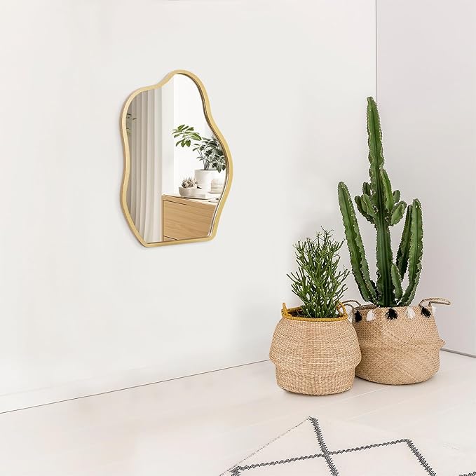 Gold Mirror for Wall Decor Cute and Stylish Unique Wooden Framed Wall Mirror Asymmetrical Vanity Artistic Cloud Mirror Decorative for Living Room Bedroom Bathroom Entryway