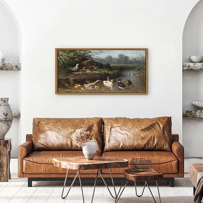 Vintage Mallard Duck Wall Art Farmhouse Countryside Pond Framed Wall Decor for Living Room Bedroom Rustic Animal Canvas Picture Cottagecore Wildlife Poster Nature Landscape Artwork Decorations 20x40