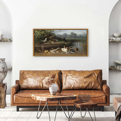 Vintage Mallard Duck Wall Art Farmhouse Countryside Pond Framed Wall Decor for Living Room Bedroom Rustic Animal Canvas Picture Cottagecore Wildlife Poster Nature Landscape Artwork Decorations 20x40