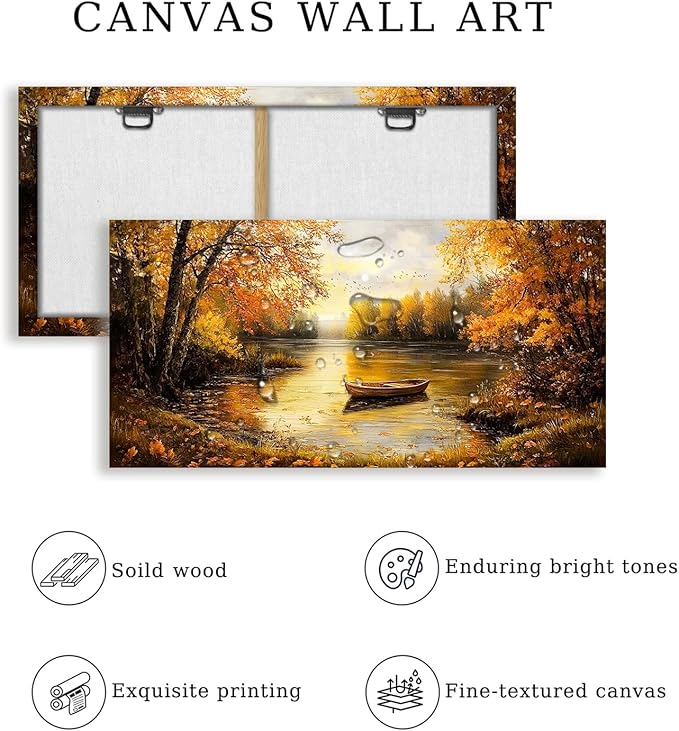 SERIMINO Fall Landscape Large Canvas Wall Art Living Room, Lake Boat Forest Art Prints, Autumn Scenery Nature Decor Pictures, Rustic Gold Paintings Wall Decor Bedroom, Office Decoration 20"X40"