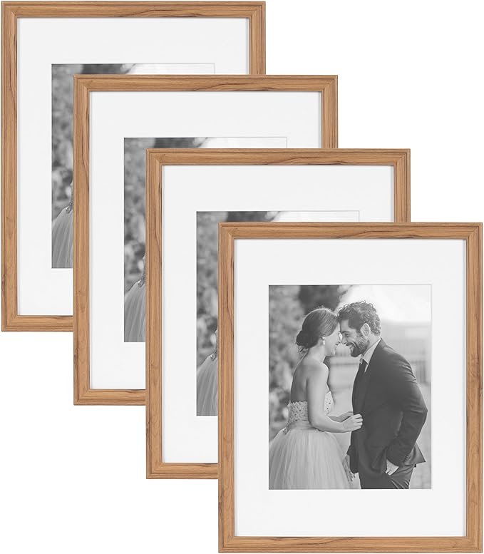 Kate and Laurel Adlynn Rectangle Picture Frame Set of 4; 11 x 14 matted to 8 x 10; Brown; Transitional Four-Piece Frame Set for Gallery Wall Frame Set in Living Room Wall Decor