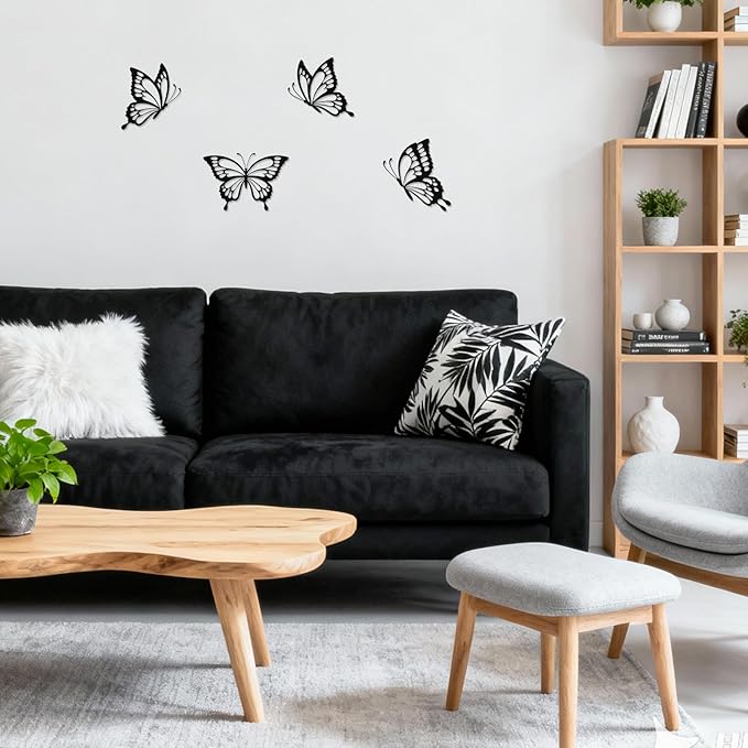 PoYang 4 Pieces Metal Butterfly Wall Decor - Butterflies Metal Wall Art for Living Room Dining Room Bedroom Bathroom Kitchen | Black | Lightweight | Cute and Modern | Easy to Install