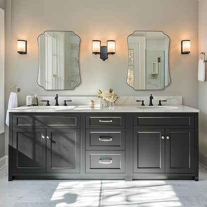 ANDY STAR Bathroom Vanity Mirror, 24x32 Matte Black Rectangle Mirror with Scalloped Round Corner, Vintage Asymmetrical Metal Wall Mirror for Entryway, Living Room