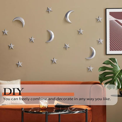 MidModArt 14PCS Mid Century Modern 3D Star Wall Art Gold Retro Starburst Sculptures Vintage Celestial Home Decor, Silver Moon-Combo