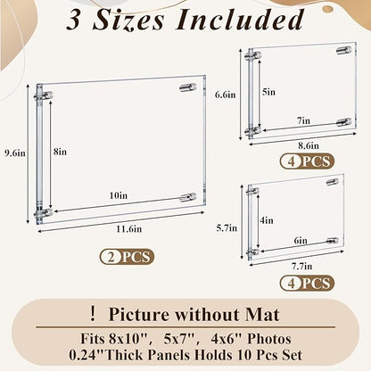 Novabright 8x10, 5x7, 4x6 Inch Acrylic Floating Picture Gallery Frame Set 10 Pack 3 Size Wall Mount Clear Picture Floating Frame Bulk Double Panel Hanging Photo Frameless Frames Office Home Display