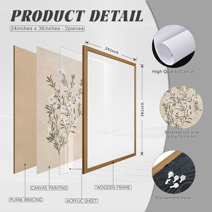 Vintage Botanical Wall Art Neutral Floral Prints Farmhouse Flower Canvas Wall Decor Watercolor Wildflower Pictures Nature Minimalist Artwork for Living Room Bedroom 24x36 Inch Wood Framed Set of 2