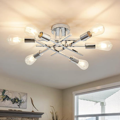 ASGYISA 6-Lights Semi Flush Mount Ceiling Light Fixture Modern Chrome Matte Sputnik Chandelier Farmhouse Ceiling Lighting for Kitchen Bedroom Dining Room Living Room