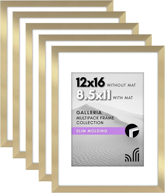 Americanflat 12x16 Picture Frame with Polished Plexiglass - Set of 5 - Use as 8.5x11 Frame with Mat or Display 12x16 Photo Without Mat - Galleria Collection - Picture Frames for Wall Display - Gold