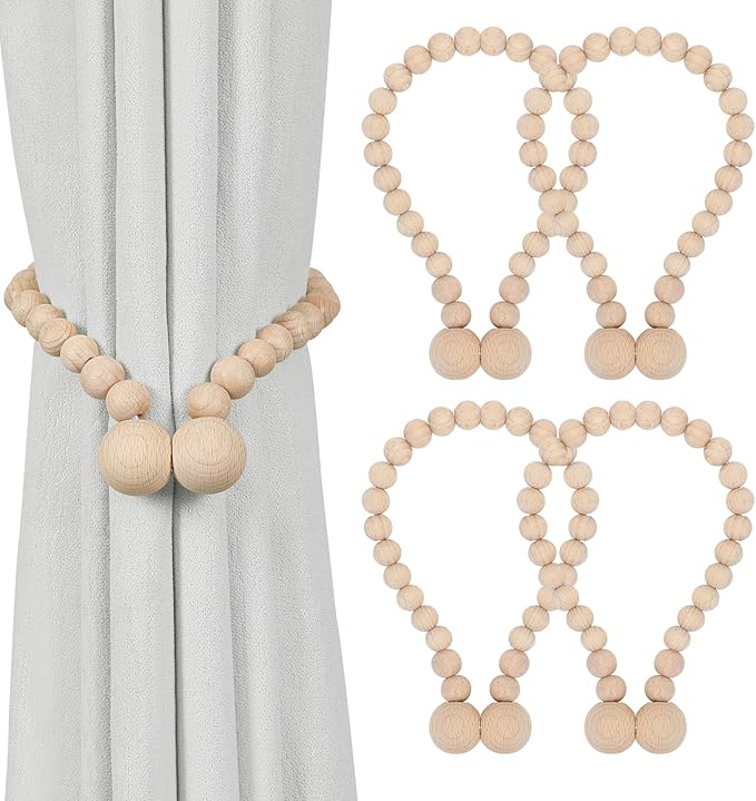 KLOGTSIND Magnetic Curtain Tiebacks, Curtain Tie Backs for Curtains 4 Pack, Wood Bead Curtain Tiebacks, Curtain Holders for Boho Bedroom Decor, Baby Nursery Decor, Farmhouse Décor