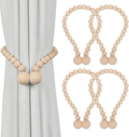 KLOGTSIND Magnetic Curtain Tiebacks, Curtain Tie Backs for Curtains 4 Pack, Wood Bead Curtain Tiebacks, Curtain Holders for Boho Bedroom Decor, Baby Nursery Decor, Farmhouse Décor