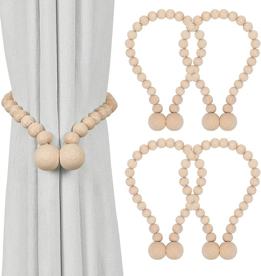KLOGTSIND Magnetic Curtain Tiebacks, Curtain Tie Backs for Curtains 4 Pack, Wood Bead Curtain Tiebacks, Curtain Holders for Boho Bedroom Decor, Baby Nursery Decor, Farmhouse Décor