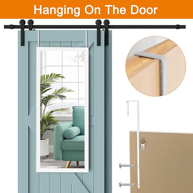 NeuType 43"x18" Over The Door Full Length Mirror, Door Wall Mirror, Wall Mount Over The Door Hanging Mirror with 2 Metal Hangers for Wall Bedroom, Bathroom, Living Room, Home Decoration (White)