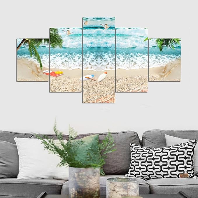 Surfing Seascape Landscape Paintings Canvas Wall Art for Living Room Bedroom Home Decor Waves Beach Picture Modern 5 Piece Framed Stretched Gallery Wrap Giclee Prints and Posters (60''W x 32''H)