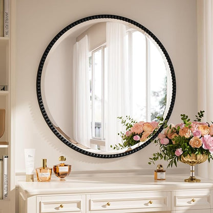 28 Inch Round Bathroom Mirror - Luxurious Retro Beaded Circle Decorative Wall Mirror with PU Frame Hanging Leaning as Art Decor for Entryway, Bedroom, Living Room, Hallway, Black
