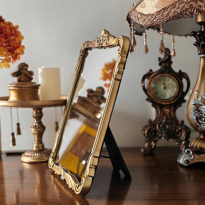 SIKOO 8x10 Inch Vintage Mirror Bronze Decorative Wall Mirror Makeup Mirror for Table Antique Home Decor Ornate Brass Arch Wall Art Resin and Premium Glass