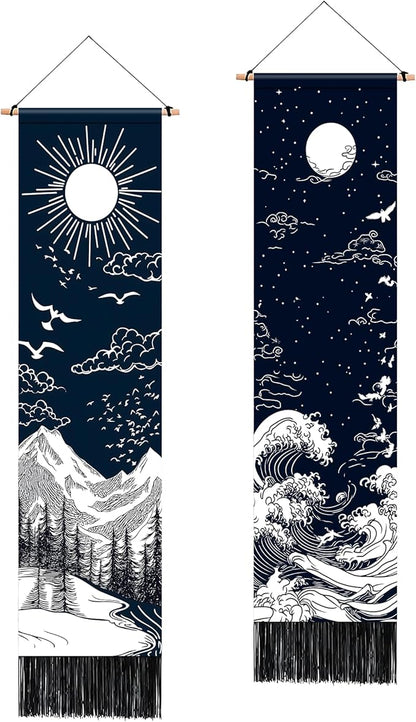 AOHMPT Pack of 2 Long Vertical Tapestry,Nature Landscape Tapestry with Serene Mountain River, Moon & Sun Motifs,Traditional Ink Painting Wall Art,Zen Aesthetic Wall Hanging for Living Room Bedroom Decor 13" W x 51" H"