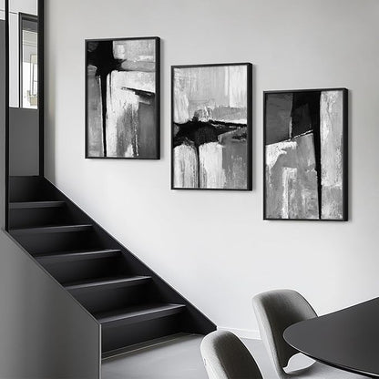Large Framed Black and White Gray Abstract Wall Art for Living Room, 3 Piece Modern Canvas Prints Paintings Artwork for Walls, Grey Abstract Pictures for Hallway Office Wall Decor 24x36 In