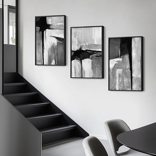 Large Framed Black and White Gray Abstract Wall Art for Living Room, 3 Piece Modern Canvas Prints Paintings Artwork for Walls, Grey Abstract Pictures for Hallway Office Wall Decor 24x36 In