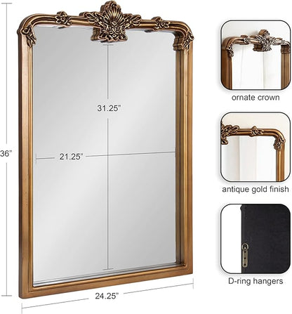 Kate and Laurel Elowyn Traditional Ornate Arched Mirror, 25 x 36, Gold, Vintage Arch Mirror with Baroque Details for Use as Bathroom Mirror or Fireplace Mantel Mirror