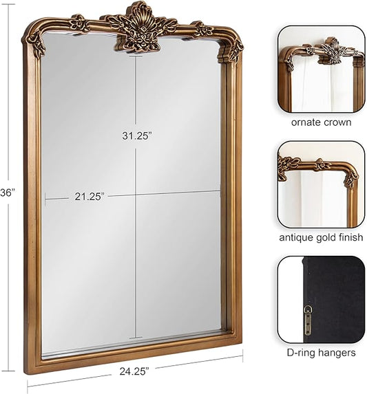 Kate and Laurel Elowyn Traditional Ornate Arched Mirror, 25 x 36, Gold, Vintage Arch Mirror with Baroque Details for Use as Bathroom Mirror or Fireplace Mantel Mirror