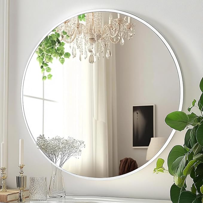 White Round Wall Mirror, White Circle Mirror 20 inch, Round Bathroom Mirrors, Circle Wall Mirrors for Bathroom, Living Room, Hallway, Vanity, Over Sink, Mantel