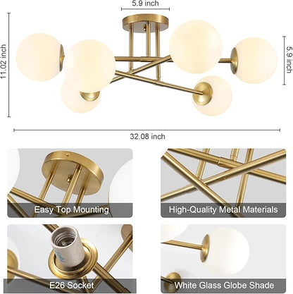 6-Light Glass Sputnik Chandeliers Gold Sputnik Ceiling Light Fixture with Milk White Glass Globe Flush Mount Ceiling Light Fixture for Dining Room Farmhouse Kitchen Living Room Bedroom
