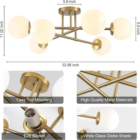 6-Light Glass Sputnik Chandeliers Gold Sputnik Ceiling Light Fixture with Milk White Glass Globe Flush Mount Ceiling Light Fixture for Dining Room Farmhouse Kitchen Living Room Bedroom