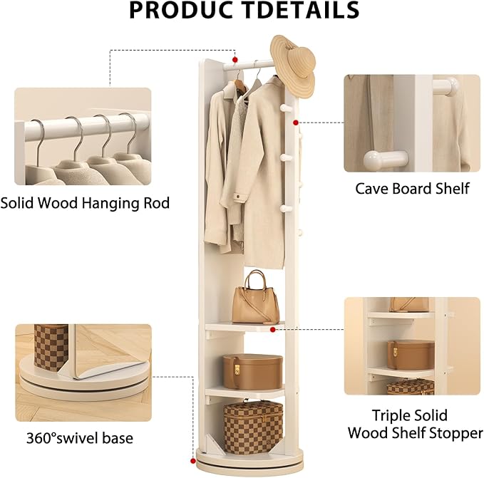 WoodsWhisper Full Length Mirror Coat Rack Solid Wood Floor Mirror 66"x12" Full Length Mirror with Stand Long Mirrors for Bedroom,Living Room (White, 70" L x 16" W)