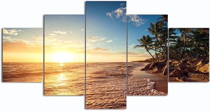 Yatsen Bridge Sunset Beach Palm Tree Posters and Prints Modern Landscape Painting Pictures Wall Art for Living Room Home Decor Gallery-wrapped Canvas Art 5 Piece Set Framed (60''W x 32''H)