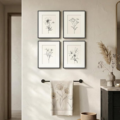 Framed Black and White Botanical Wall Art for Bathroom, 4 Piece Minimalist Floral Plant Artwork for Walls, Vintage Farmhouse Flower Picture Prints for Bedroom Kitchen Living Room Wall Decor, 8x10 Inch