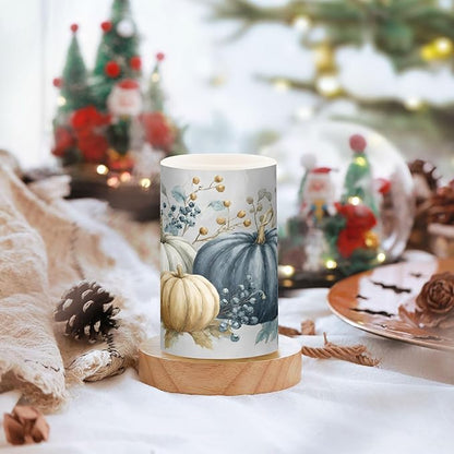 Thanksgiving Fall Autumn Pumpkin Blues Flickering Flameless Candles Battery Operated with Remote Timer,Tea Light Candles LED Pillar Votive Candles Set of 2 for Outdoor Indoor Decorations