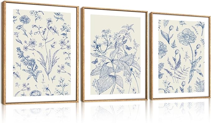 KAIRNE Navy Blue and White Floral Framed Canvas Wall Art Set,Chinoiserie Flower Wall Decor,Watercolor Botanical Art Prints,Modern Wildflower Artwork for Living Room,Bedroom,Farmhouse,Office-12 x16 x3