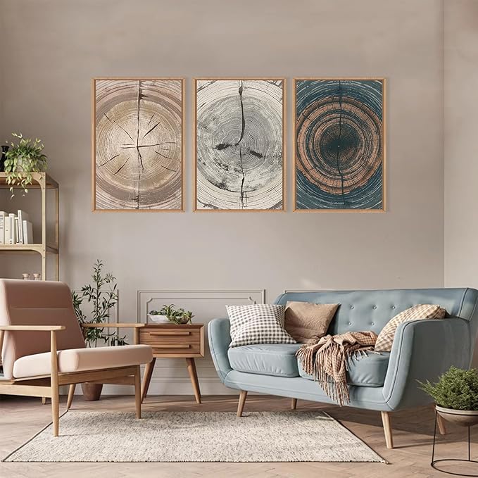 Vintage Beige Tan Tree Ring Framed Canvas Wall Art Set,Modern Neutral Gray Wood Stump Wall Decor,Rustic Wooden Tree Spiral Artwork for Living Room,Bedroom,Farmhouse-24 x36 x3
