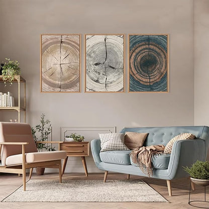 Vintage Beige Tan Tree Ring Framed Canvas Wall Art Set,Modern Neutral Gray Wood Stump Wall Decor,Rustic Wooden Tree Spiral Artwork for Living Room,Bedroom,Farmhouse-24 x36 x3