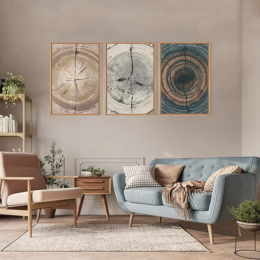 Vintage Beige Tan Tree Ring Framed Canvas Wall Art Set,Modern Neutral Gray Wood Stump Wall Decor,Rustic Wooden Tree Spiral Artwork for Living Room,Bedroom,Farmhouse-24 x36 x3