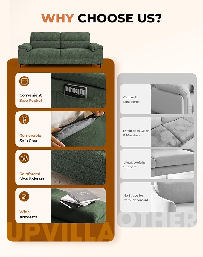 Upvilla 88.97" Modern Sofa Couch for Living Room, Deep Seat Sofas with 8”Cushion, Comfy 2-Seater Chenille Loveseat with Convertible Armrest, Removable Sofa Cover, High Leg (Green)