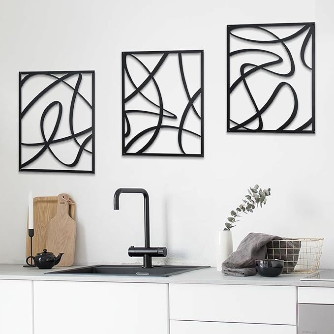 Zzbakress 3 Pcs Black Metal Wall Decor Abstract Wall Art Decor Fine Curve Wall Decoration Minimalist Metal Decoration Single Line Wall Art for Living Room Bedroom Bathroom (Elegant)
