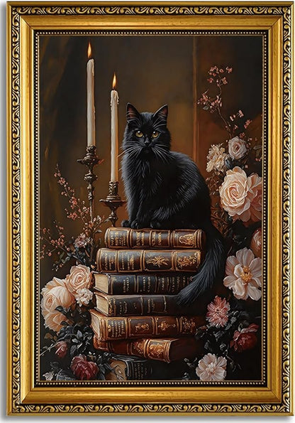 YD&YZY Gold Framed Moody Wall Art Vintage Canvas Dark Academia Victorian Black Cat Book Floral Wall Decor Gothic Aesthetics Painting Picture Print Artwork for Bedroom Bathroom 16x24 inch Framed