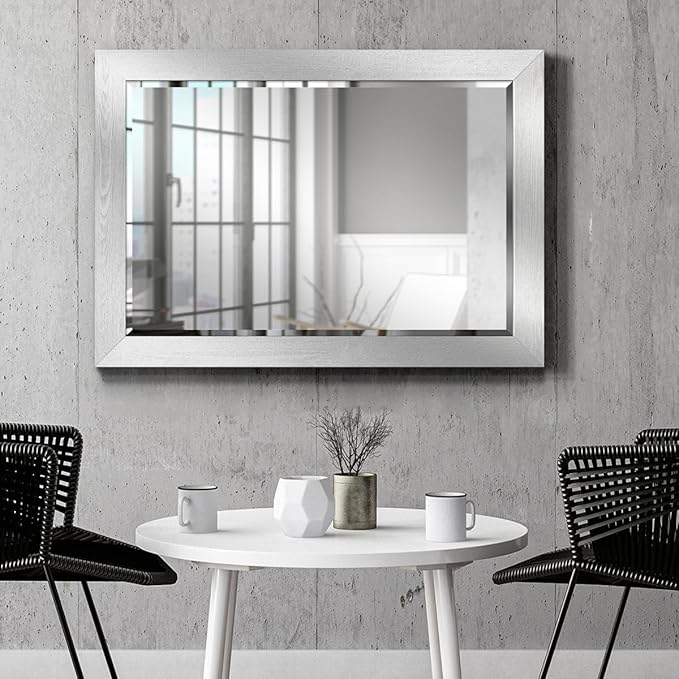 Renditions Gallery Rustic Rectangular Silver Wood Frame Vanity Body Mirror Verticle Or Horizontal Aesthetic Wall Mounted Mirror Decor for Bedroom Living Room Bathroom - 41"x29" LT07