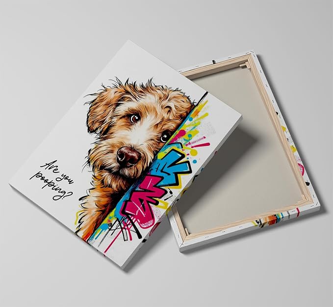 12x16“ Funny Goldendoodle Dog Bathroom Wall Art, Are You Pooping? Graffiti Pet Canvas Print, Humorous Restroom Poster Decor for Bathroom Toilet, Modern Pop Art Dog Lover Picture (Framed)