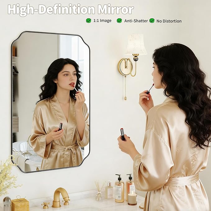 Black Wall Mirror 32"x24", Scalloped Edge Vanity Mirror - Hangs Vertically/Horizontally Decorative Bathroom Mirror for Vanity, Bedroom & Entryway, Aesthetic Bathroom Decor