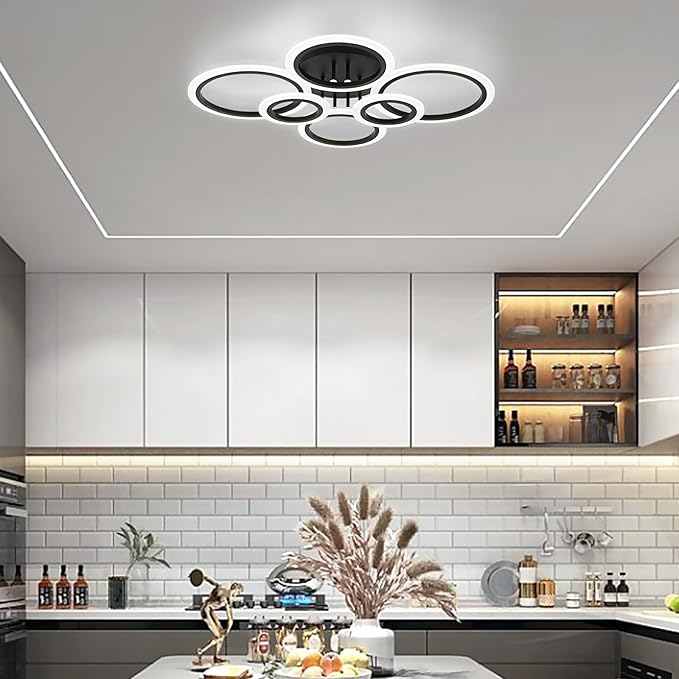 Modern LED Flush Mount Ceiling Light, 6 Rings Black Close to Ceiling Light Fixtures, Living Room Lighting Fixture Ceiling Lamp for Kitchen, Bedroom, Laundry Room, 4000K Not Dimmable