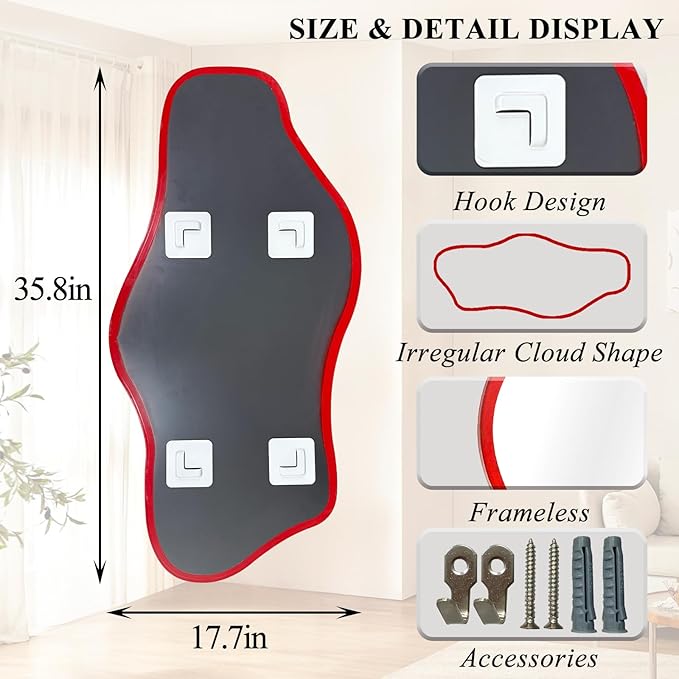 Irregular Tempered Glass Mirror, 35.8"x17.7" Red Asymmetrical Wall Mirror, Modern Abstract Frameless Mirrors for Living Room Bathroom Bedroom Entryway, Horizontal or Vertical Hanging