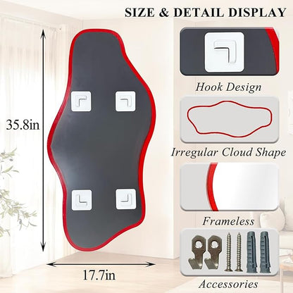 Irregular Tempered Glass Mirror, 35.8"x17.7" Red Asymmetrical Wall Mirror, Modern Abstract Frameless Mirrors for Living Room Bathroom Bedroom Entryway, Horizontal or Vertical Hanging