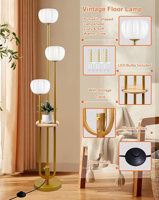 Gold Floor Lamp with Table, Modern Dimmable Floor Lamps with Pumpkin Lampshade, 3000K Soft Warm White Bulbs Included, 3-Light Tall Standing Lamp with 5Lbs Heavy Base for Living Room/Bedroom